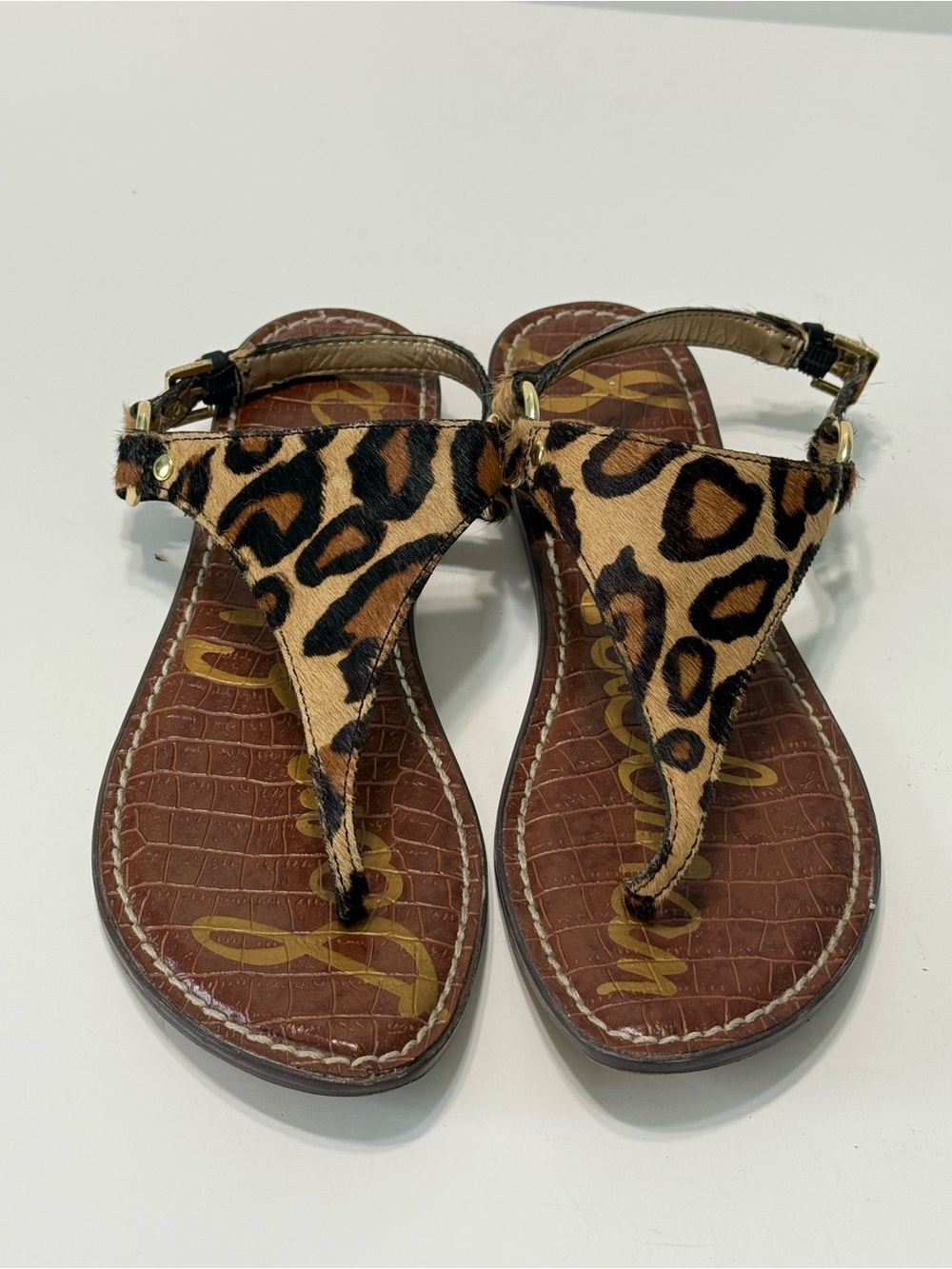 Sam Edelman Leopard Print Greta Leather Flat Sandals Women Size 7.5